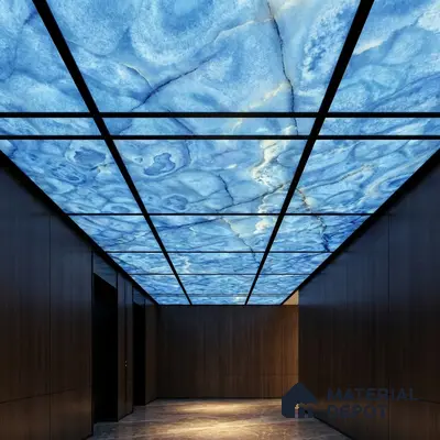 Modern ceiling with backlit blue alabaster ceiling and walnut wood wall panels