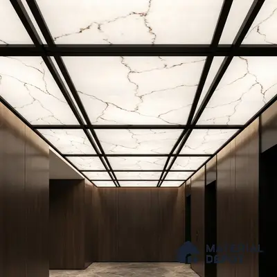 Modern ceiling with backlit marble-look ceiling panels and walnut wood wall cladding