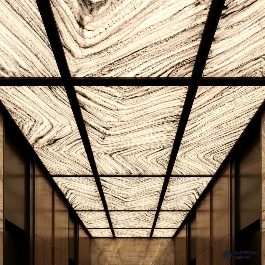 Modern ceiling with backlit marble-look ceiling panels and wood wall cladding
