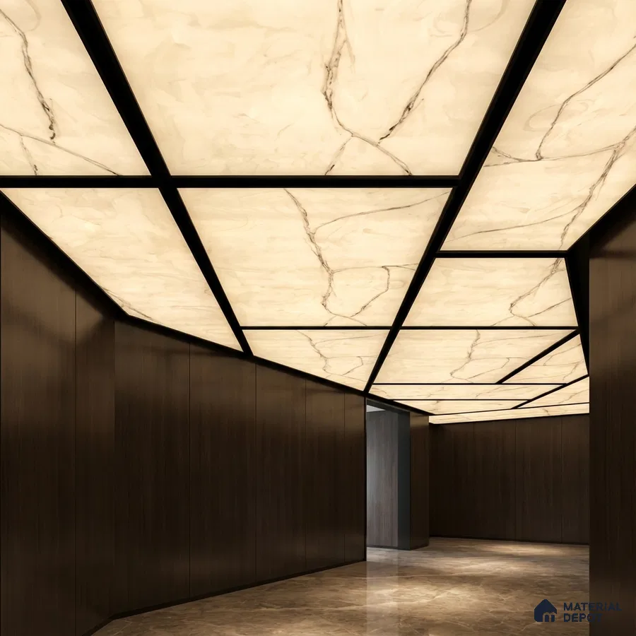 Modern ceiling with backlit marble-look ceiling panels, dark wood wall panels, and polished marble flooring