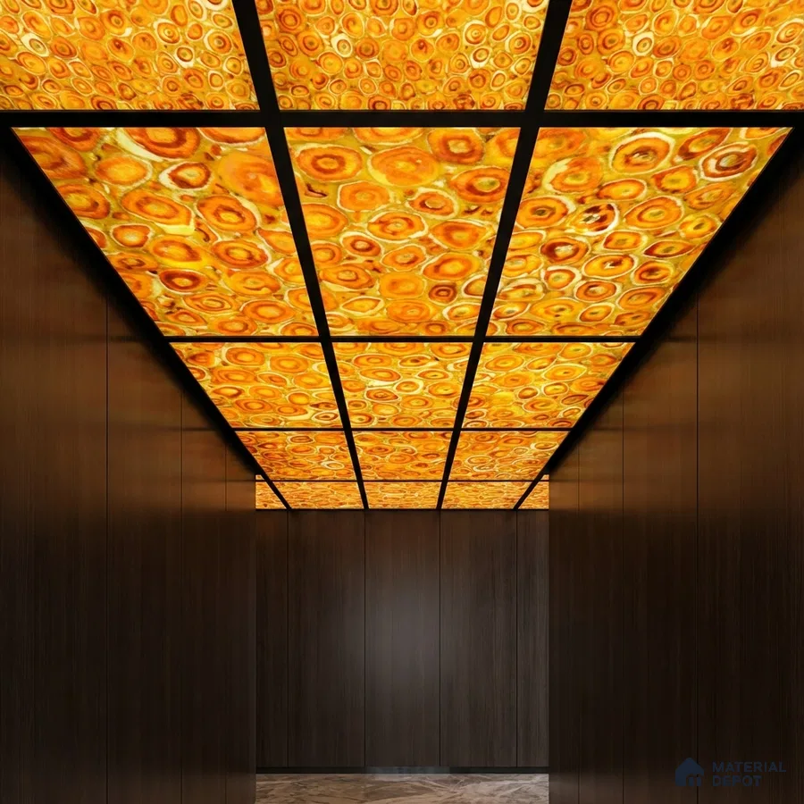 Modern ceiling with backlit orange onyx ceiling panels and dark wood wall cladding