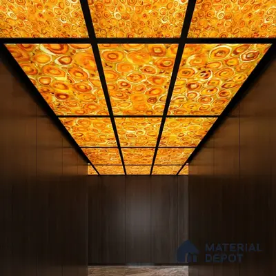 Modern ceiling with backlit orange onyx ceiling panels and dark wood wall cladding