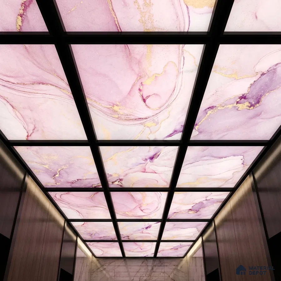 Modern ceiling with backlit pink marble-effect alabaster ceiling and wood wall panels