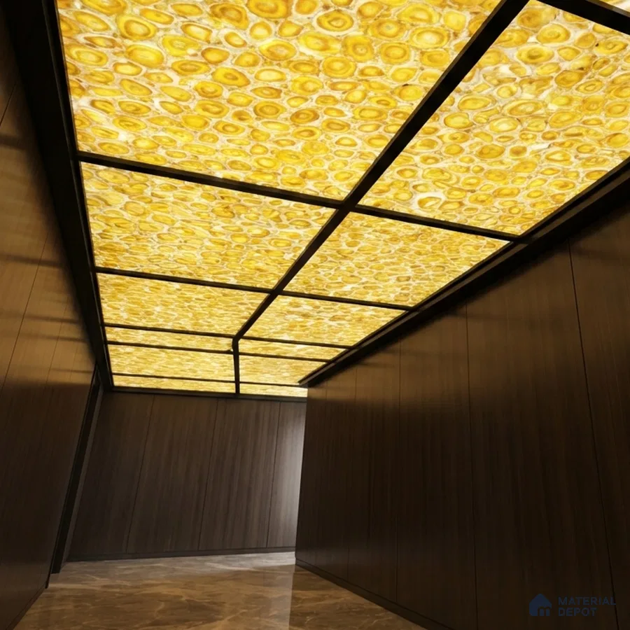 Modern ceiling with backlit yellow agate ceiling, walnut wood wall panels, and marble floor tile