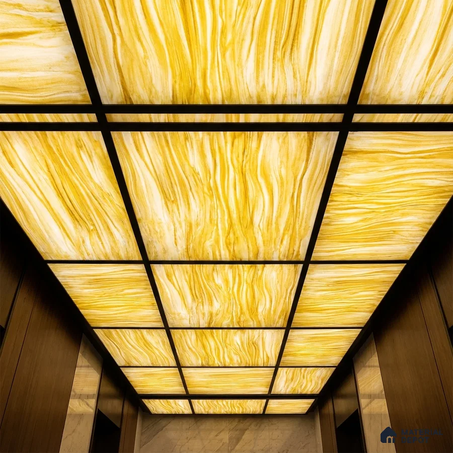 Modern ceiling with backlit yellow alabaster ceiling panels and wood wall cladding