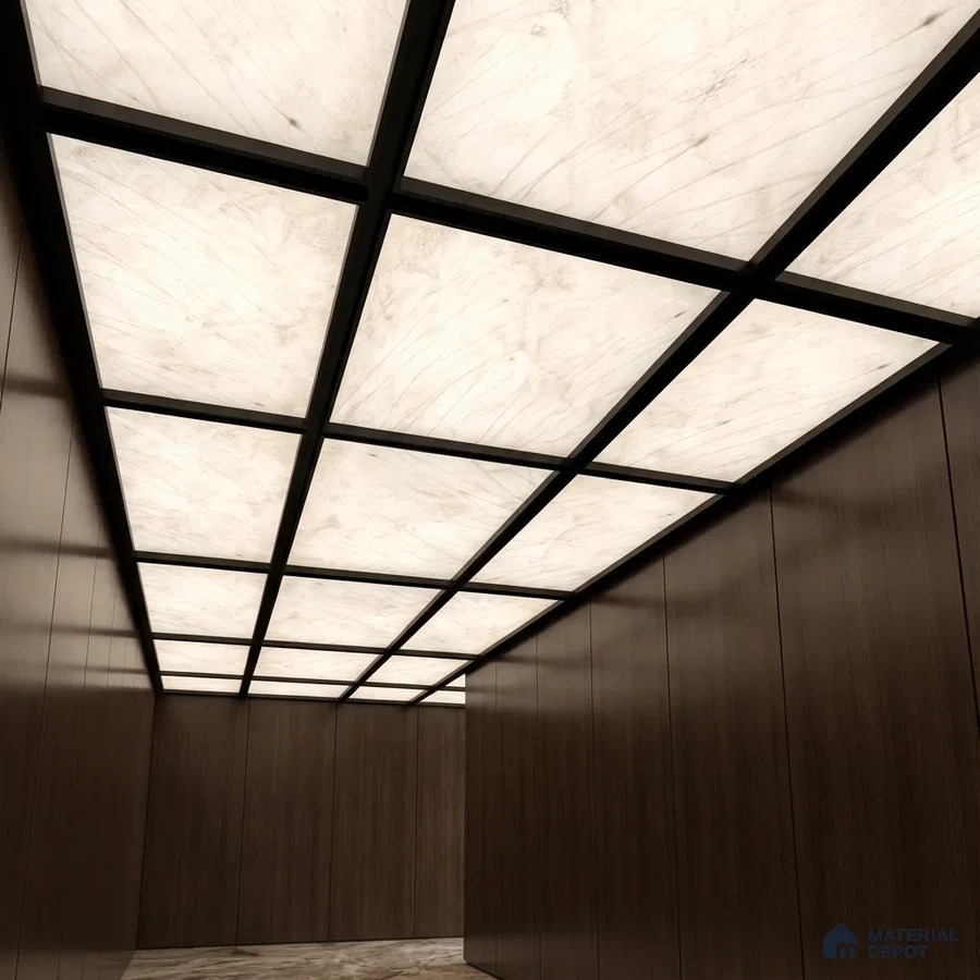 Modern ceiling with walnut brown wood laminate walls and backlit alabaster ceiling panels