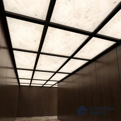 Modern ceiling with walnut brown wood laminate walls and backlit alabaster ceiling panels