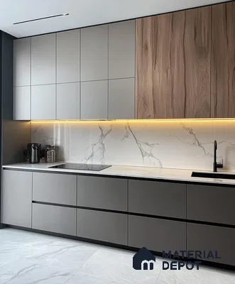 Modern Charcoal and Walnut Kitchen with Ambient Backlighting | Material Depot