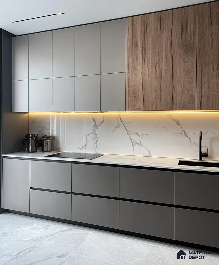 Modern Charcoal and Walnut Kitchen with Ambient Backlighting | Material Depot