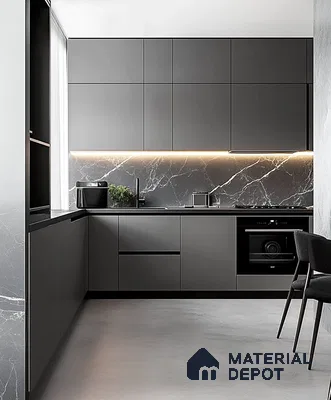 Modern Charcoal Kitchen with Elegant Marble Lighting | Material Depot