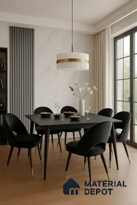 Modern Chic Dining: Black Velvet Chairs, White Marble Wall & Grey Louver Panel with French Window in 3 BHK Sattva Aspire, Hennur | Material Depot