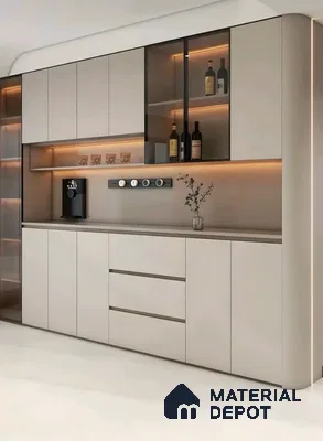 Modern Coffee And Bar Station With Champagne Matte Cabinets, Tinted Glass Shutters, And Warm Led Shelf Lighting | Material Depot