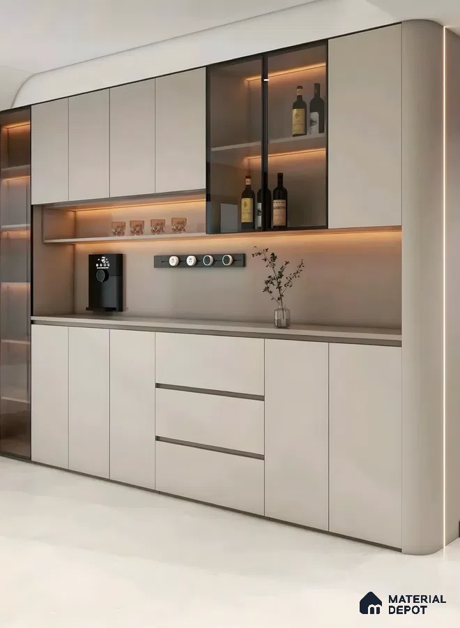 Modern Coffee And Bar Station With Champagne Matte Cabinets, Tinted Glass Shutters, And Warm Led Shelf Lighting | Material Depot