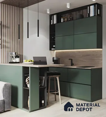 Modern Compact Kitchen with Dark Green Cabinets and Breakfast Bar | Material Depot