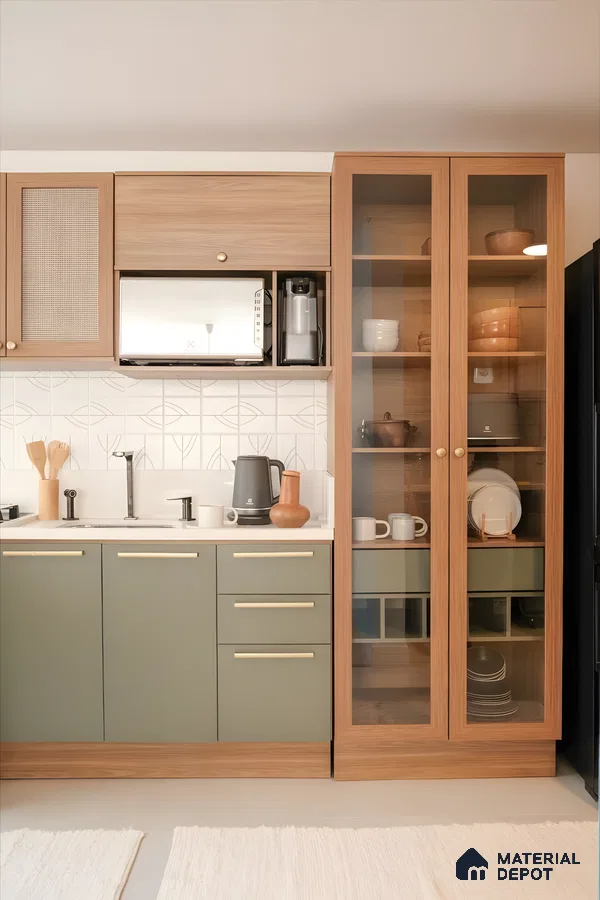 Modern Compact Kitchen With Olive Green And Oak Wood Cabinets, Glass Pantry, And Geometric White Tile Backsplash | Material Depot