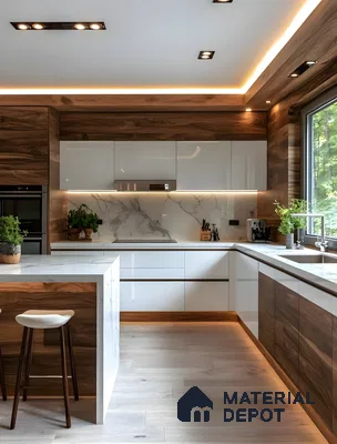 Modern Contemporary Kitchen With White Acrylic & Walnut Accents, Calacatta Marble Detailing & Warm Ambient Lighting | Material Depot