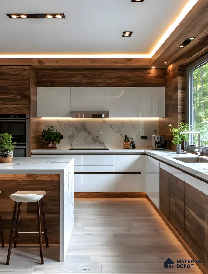 Modern Contemporary Kitchen With White Acrylic & Walnut Accents, Calacatta Marble Detailing & Warm Ambient Lighting | Material Depot