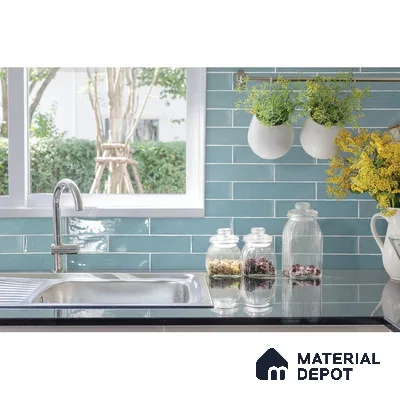 Modern Contrast Black Reflective Countertop with Blue Tiled Accent | Material Depot