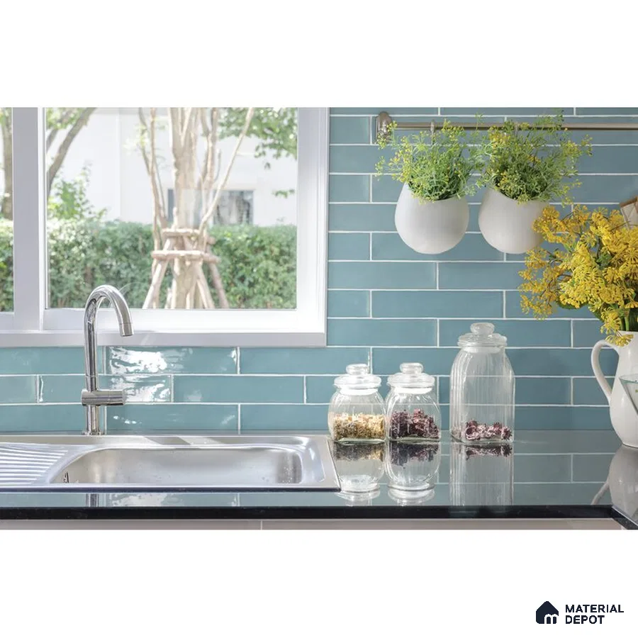 Modern Contrast Black Reflective Countertop with Blue Tiled Accent | Material Depot