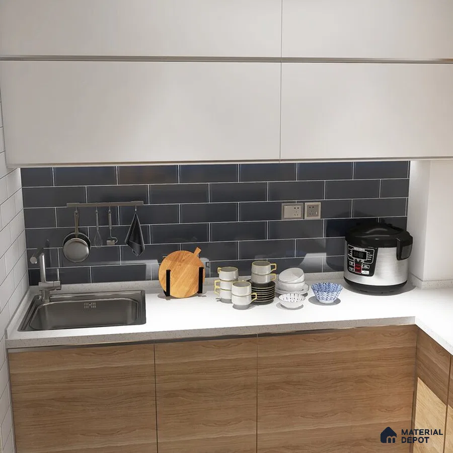 Modern Contrast Textured White and Wooden Brown Kitchen Elegance | Material Depot