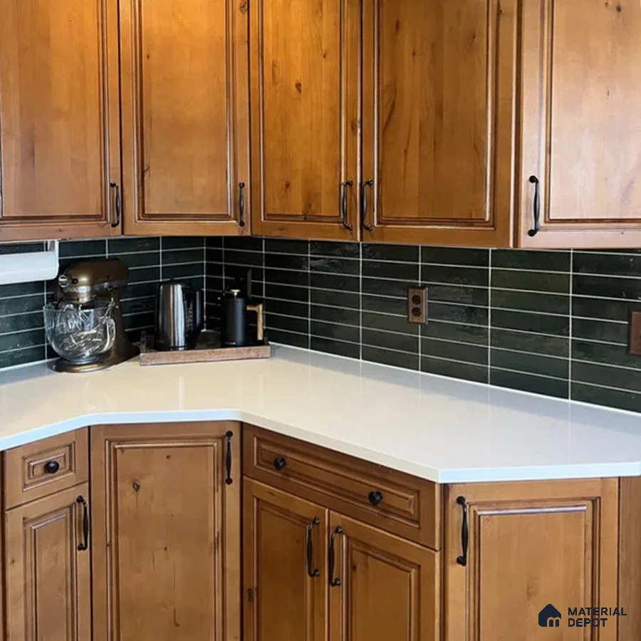 Modern Contrast White Countertop with Angular Design and Reflective Black Tiles | Material Depot