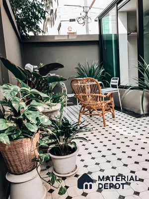 Modern Courtyard with Black and White Checkerboard Tiles | Material Depot