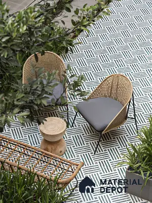 Modern Courtyard with Geometric Tiles and Rattan Furniture | Material Depot