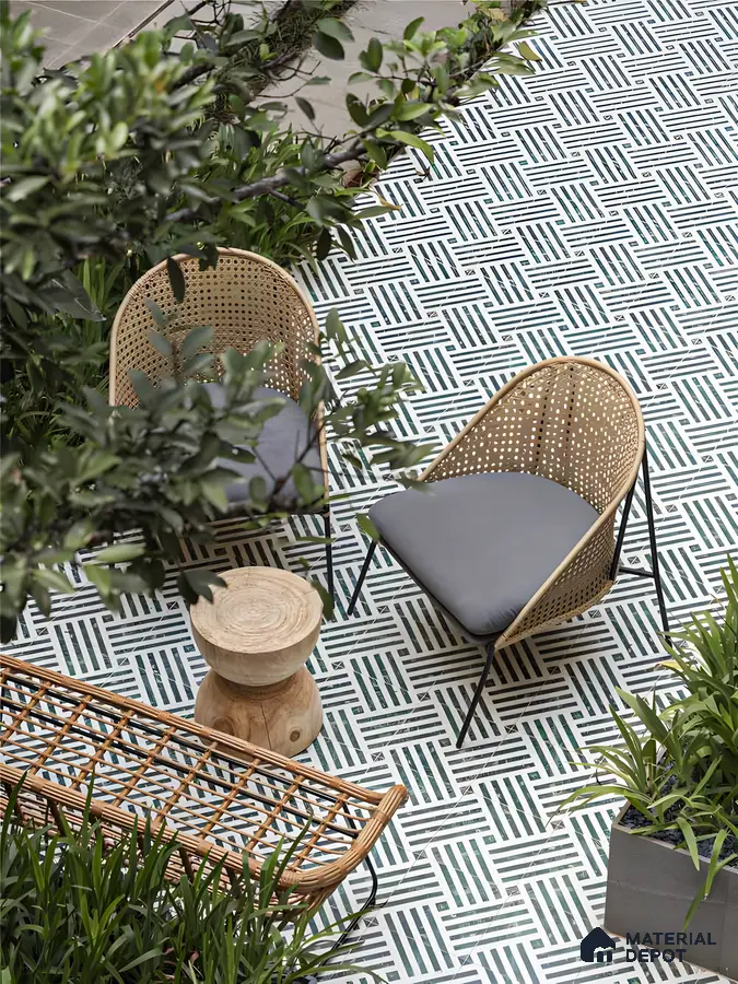 Modern Courtyard with Geometric Tiles and Rattan Furniture | Material Depot