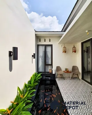 Modern Courtyard with Koi Pond and Patterned Tiles | Material Depot