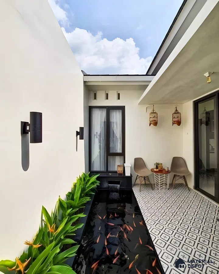 Modern Courtyard with Koi Pond and Patterned Tiles | Material Depot