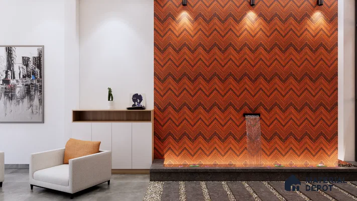 Modern Courtyard with Terracotta Chevron Feature Wall and Water Fountain | Material Depot