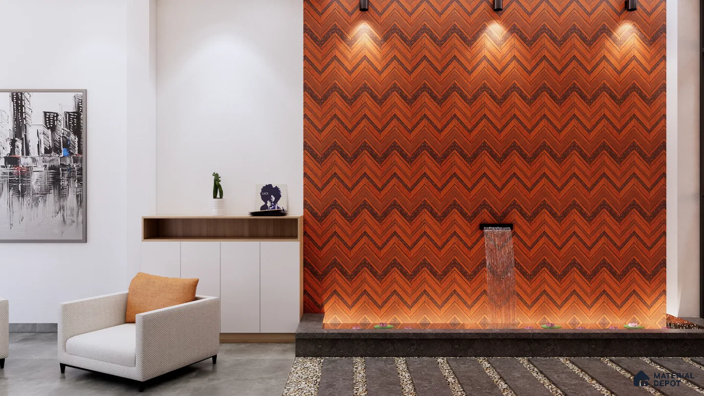 Modern Courtyard with Terracotta Chevron Feature Wall and Water Fountain | Material Depot