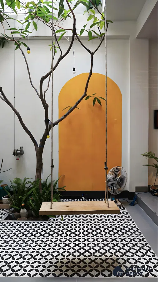 Modern Courtyard with Yellow Accent Wall and Patterned Tiles | Material Depot