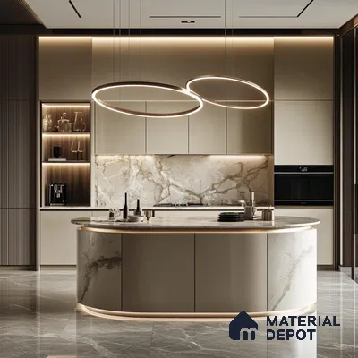 Modern Curves: Contemporary Kitchen with Circular Marble Island and Ambient Lighting | Material Depot