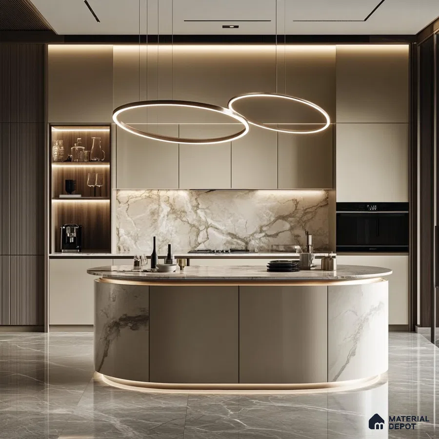 Modern Curves: Contemporary Kitchen with Circular Marble Island and Ambient Lighting | Material Depot