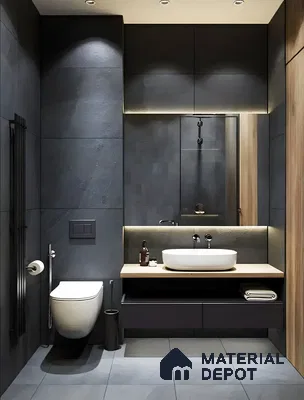 Modern Dark Bathroom With Black Faucet | Material Depot