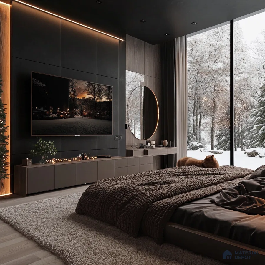 Modern Dark Bedroom Design with Panel Wall and Ambient Lighting Provident Botanico Whitefield | Material Depot