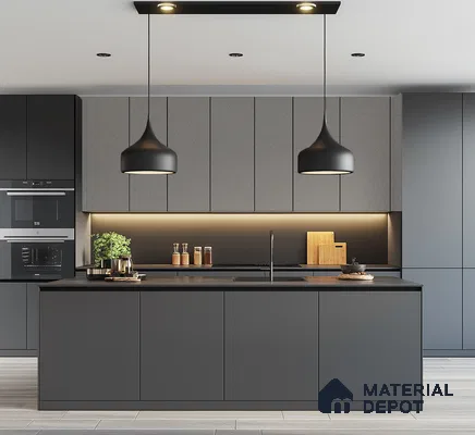 Modern Dark Grey Laminate Kitchen with Sleek Minimalist Design | Material Depot