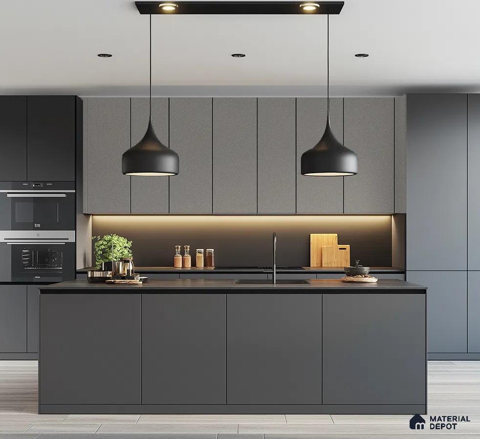 Modern Dark Grey Laminate Kitchen with Sleek Minimalist Design | Material Depot