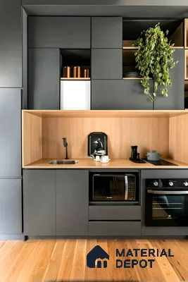 Modern Dark Kitchen with Wood Accents and Greenery | Material Depot