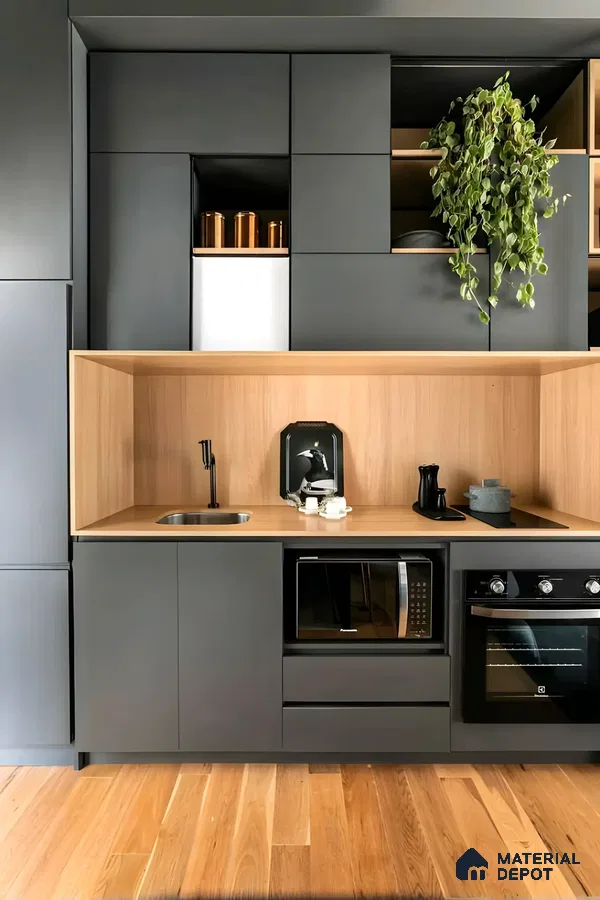 Modern Dark Kitchen with Wood Accents and Greenery | Material Depot
