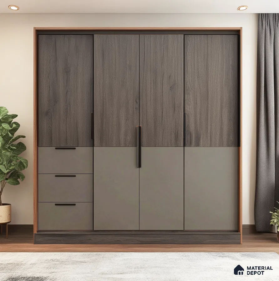 Modern Dark Two-Tone Wooden Laminate Wardrobe for Sophisticated Bedroom | Material Depot