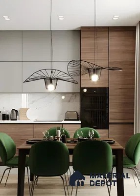 Modern Dining And Kitchen Space With Green Chairs And Sculptural Lighting | Material Depot