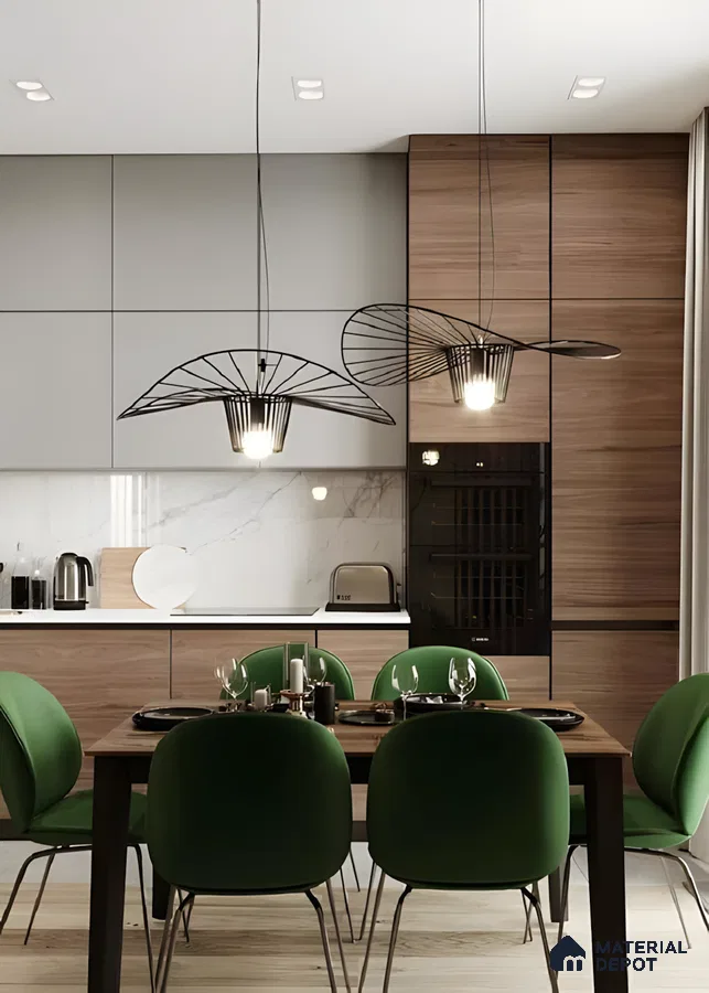 Modern Dining And Kitchen Space With Green Chairs And Sculptural Lighting | Material Depot