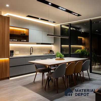 Modern Dining Integrated Kitchen with Elegant Wood Accents and Ambient Lighting | Material Depot
