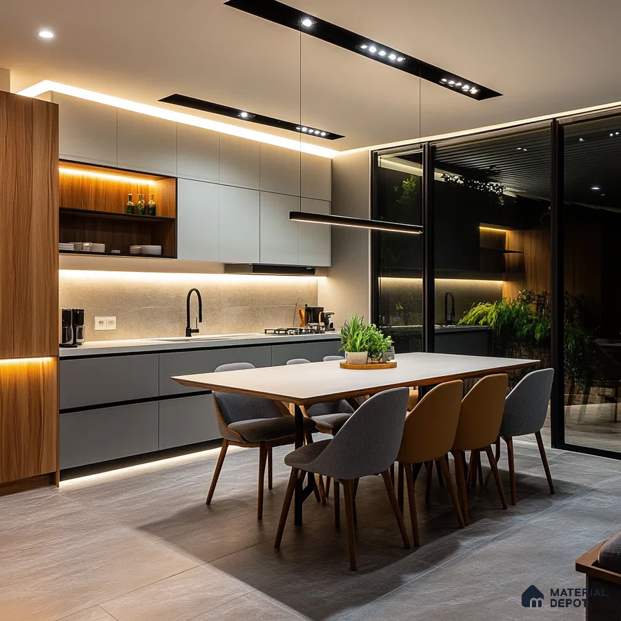 Modern Dining Integrated Kitchen with Elegant Wood Accents and Ambient Lighting | Material Depot