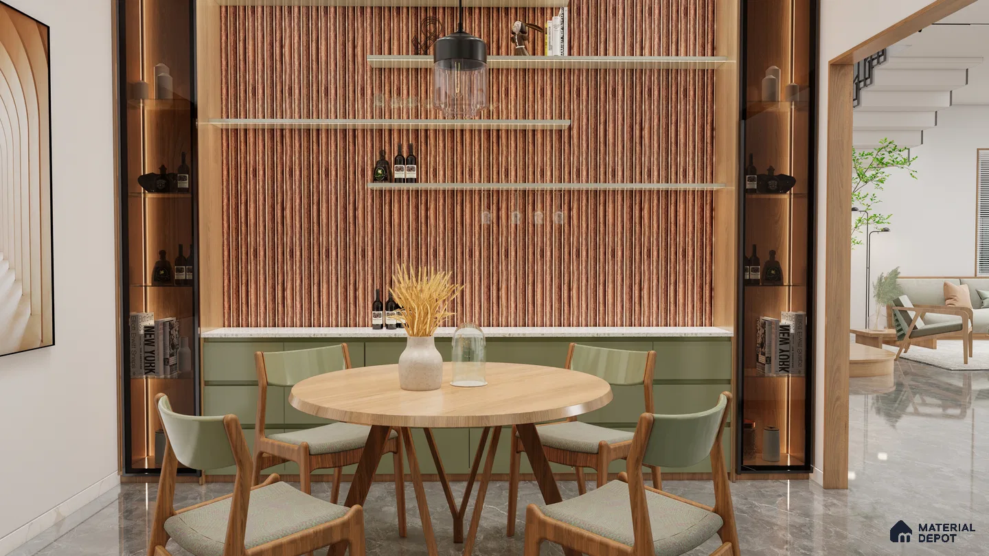 Modern Dining Nook with Fluted Panel Accent and Open Shelf Display | Material Depot