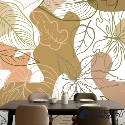 Modern dining room with abstract botanical patterned wallpaper and dark wood dining table in Bengaluru