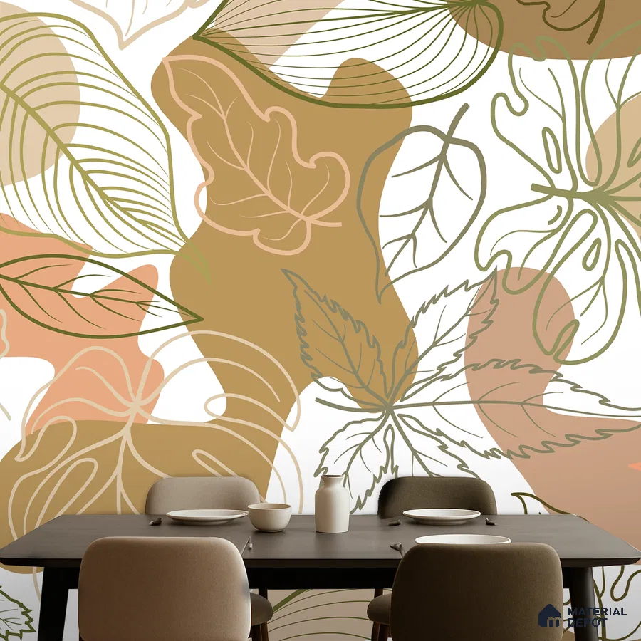 Modern dining room with abstract botanical patterned wallpaper and dark wood dining table in Bengaluru
