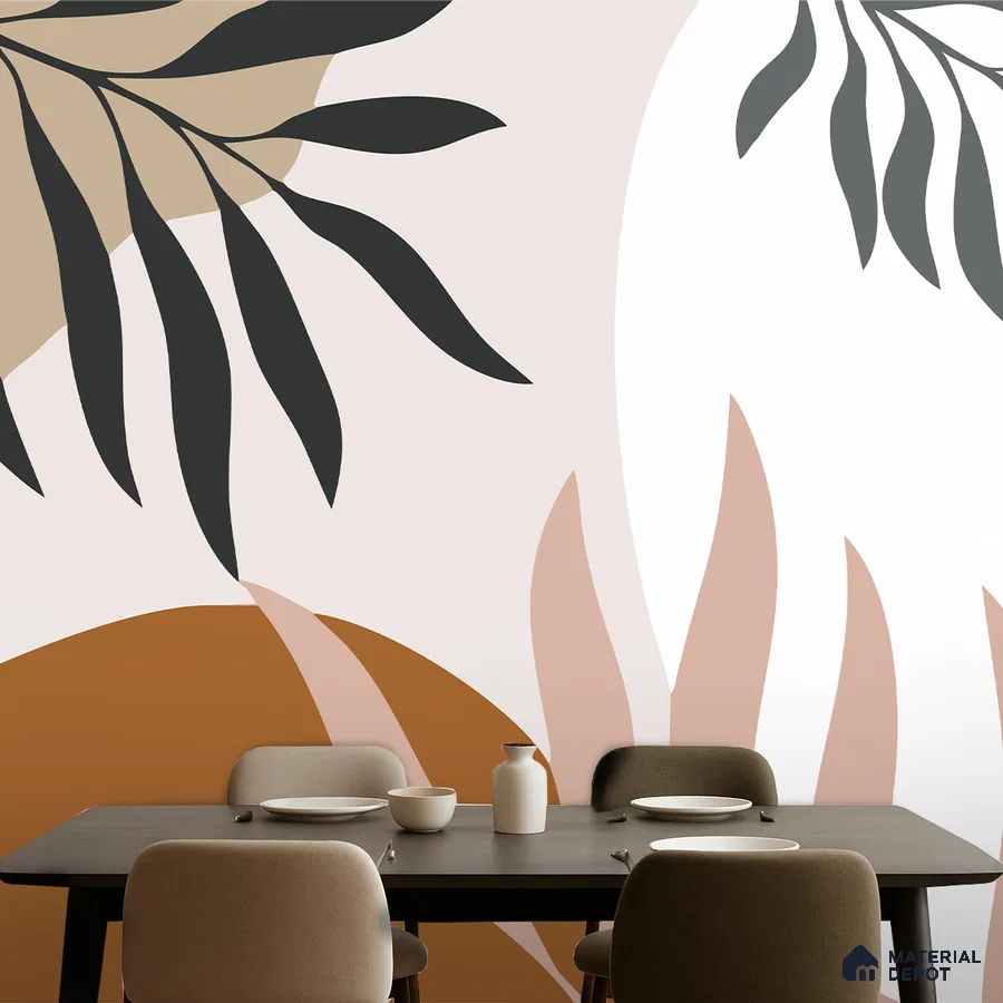 Modern dining room with abstract botanical patterned wallpaper and matte brown dining table in Bengaluru